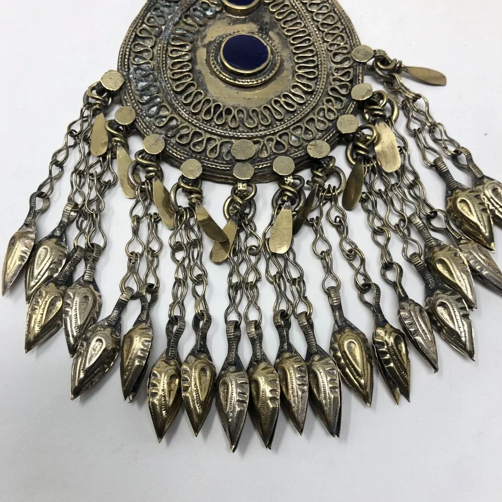 Tribal Amulet Pendant Box Jacket Closure Silver Brass Tone Blue Stone‎